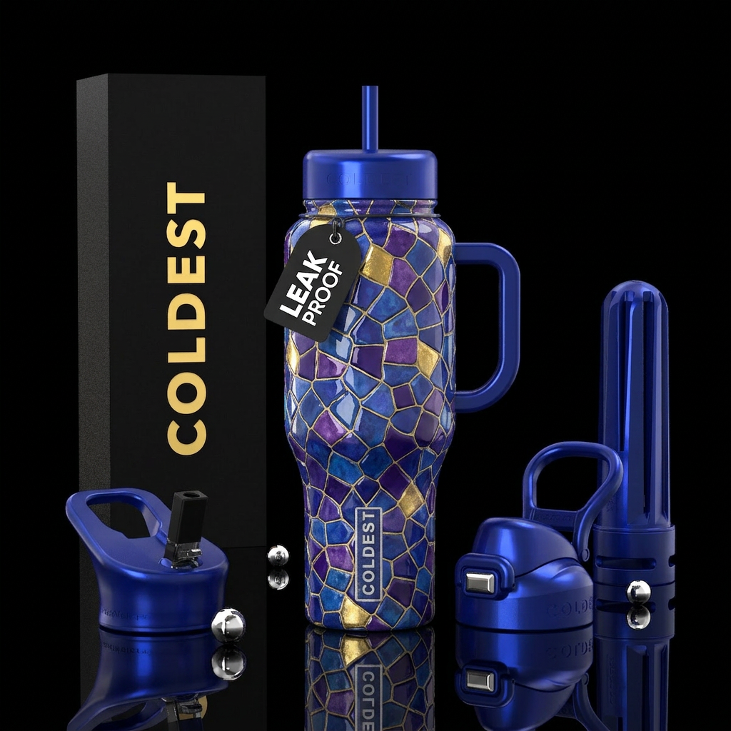 Different shades of blue purple and gold mosaic,gl... water bottle design
