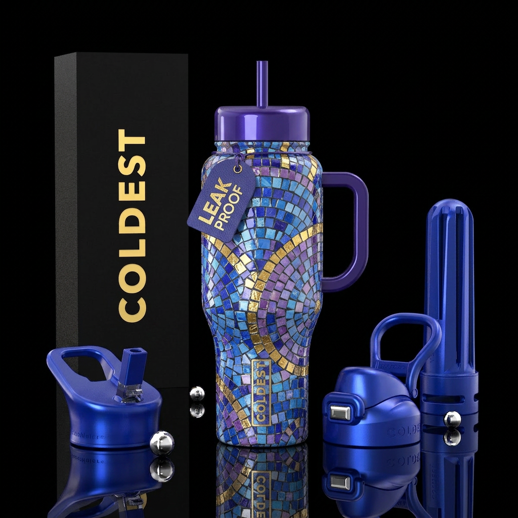 Different shades of blue purple and gold mosaic,gl... water bottle design