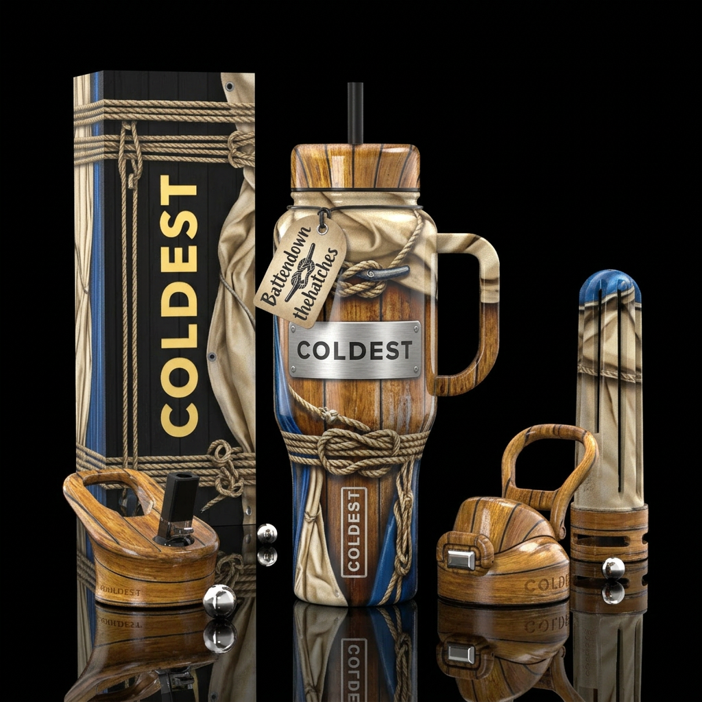 Battendownthehatches,glossy, trompe-l'œil water bottle design