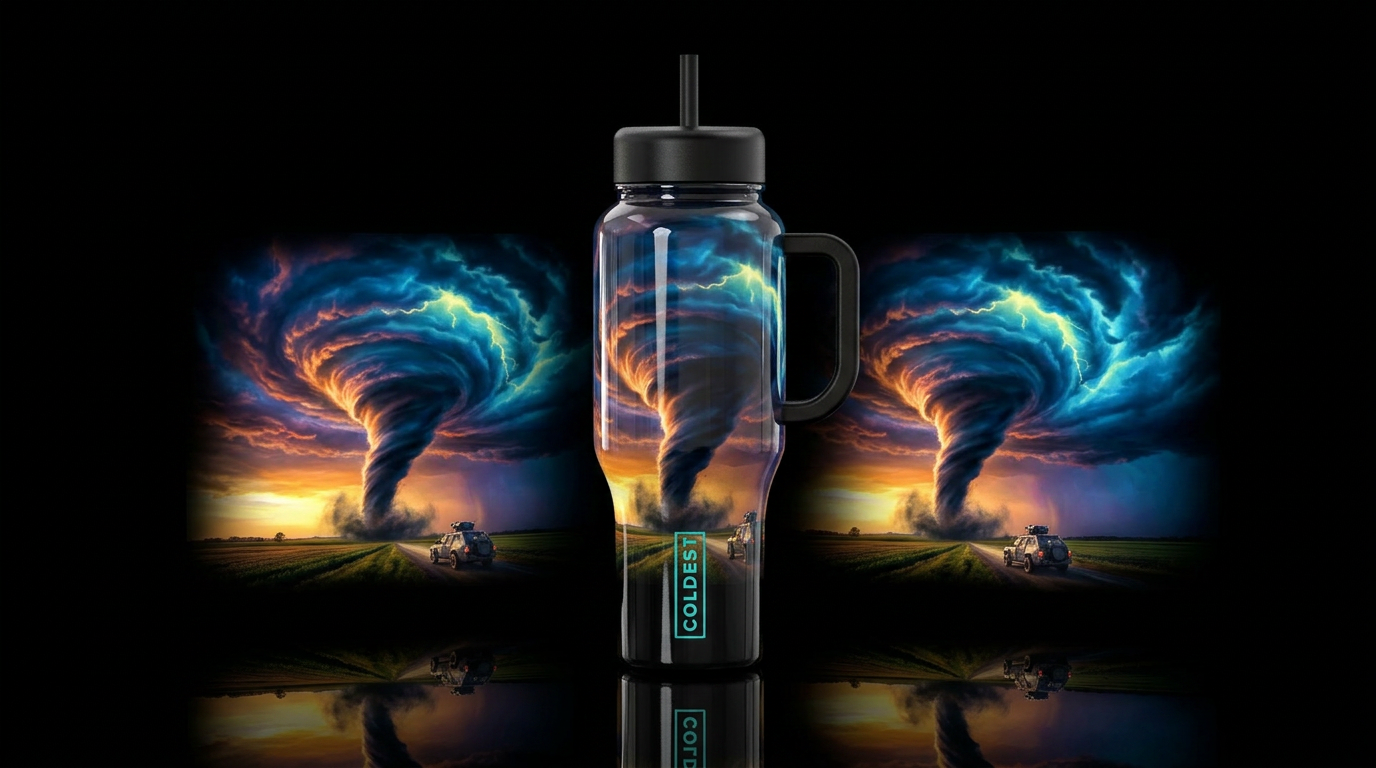 Tornado chasers,glossy, trompe-l'œil water bottle design