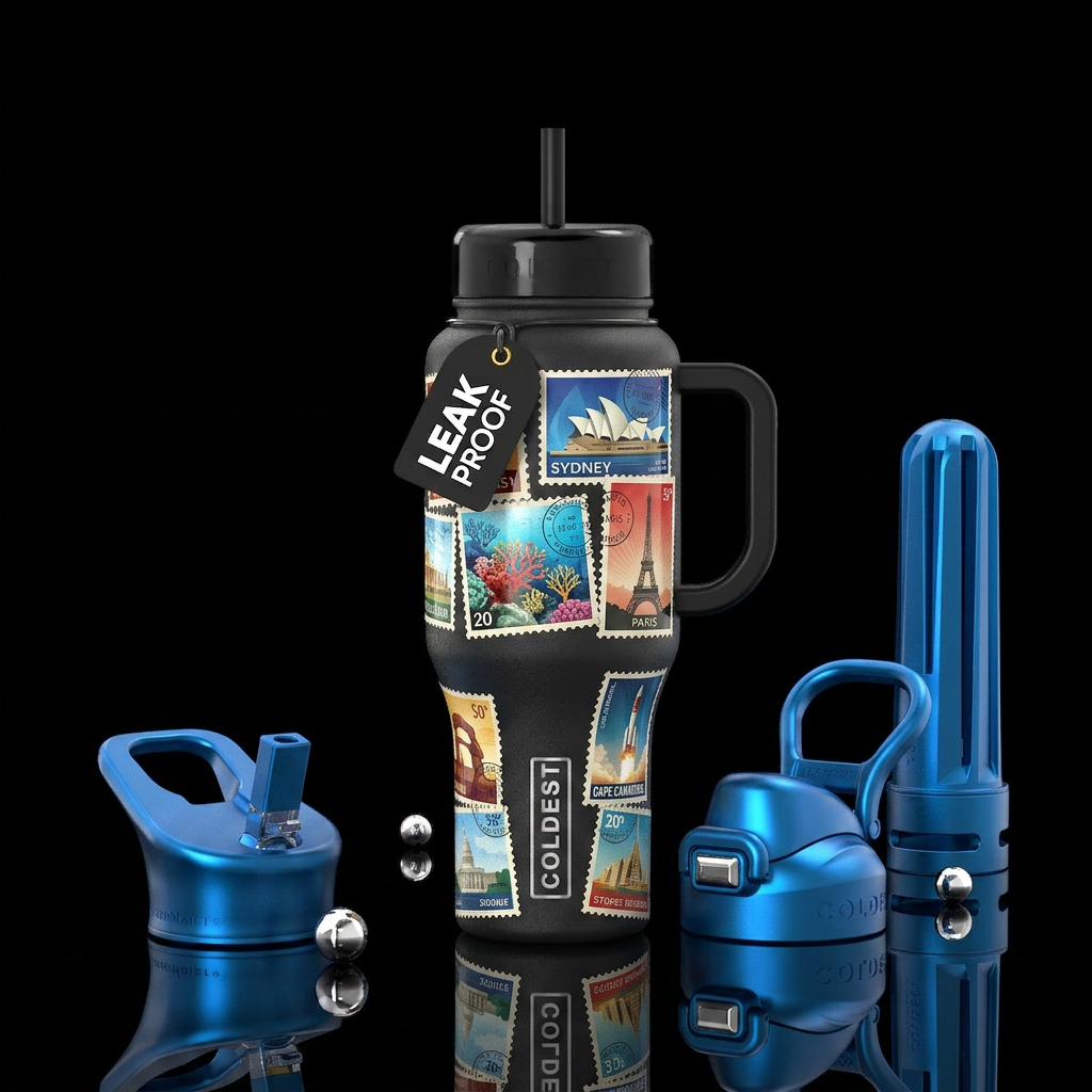 Stamps,glossy, trompe-l'œil water bottle design