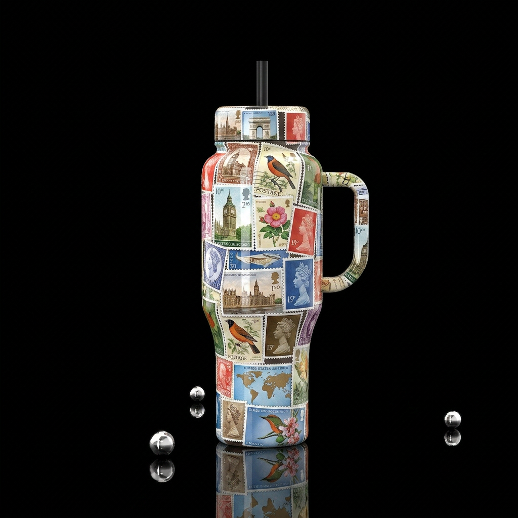 Stamps mural,glossy, trompe-l'œil water bottle design