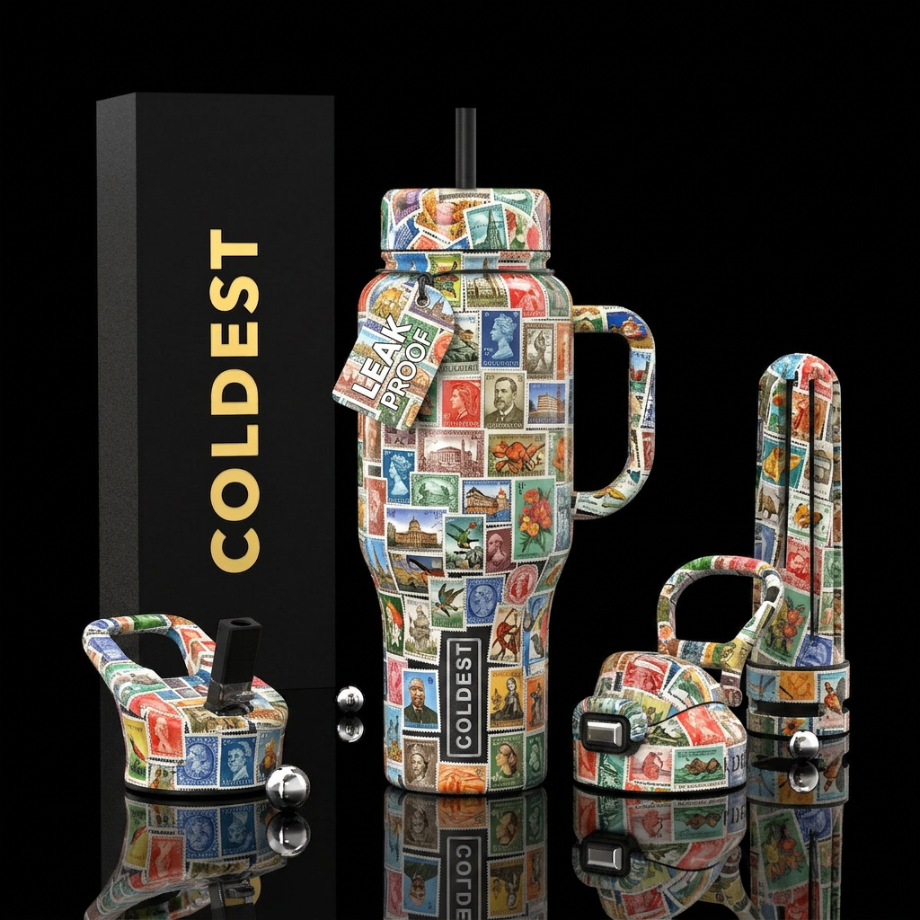 Stamps mural,glossy, trompe-l'œil water bottle design