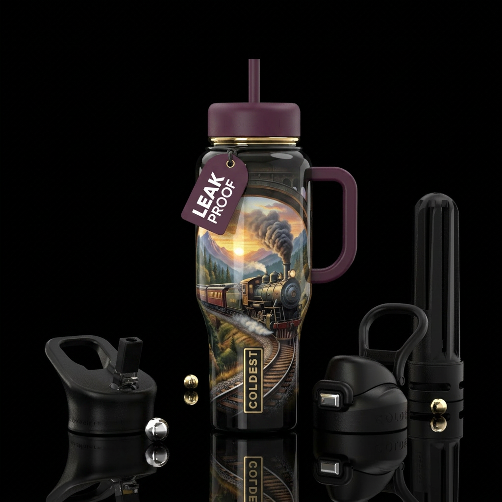 Train mural,glossy, trompe-l'œil water bottle design