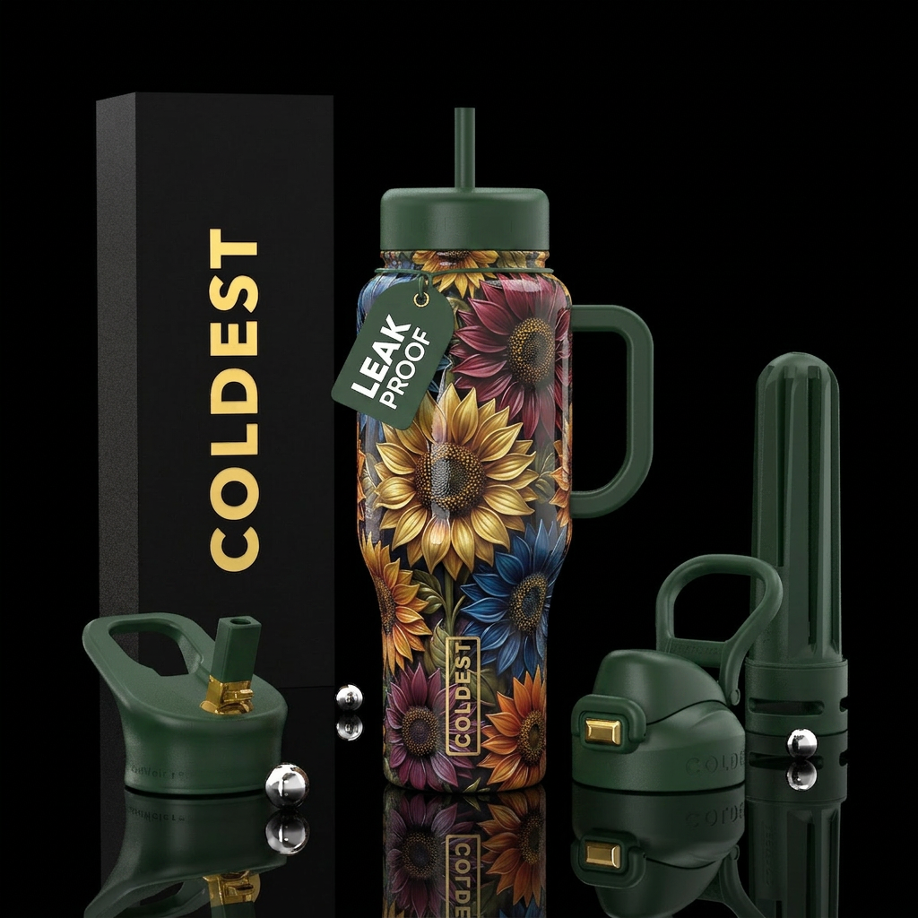 Multi Color sunflowers, glossy, trompe-l'œil water bottle design