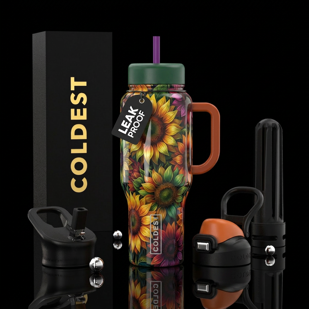 Multi Color sunflowers, glossy, trompe-l'œil water bottle design