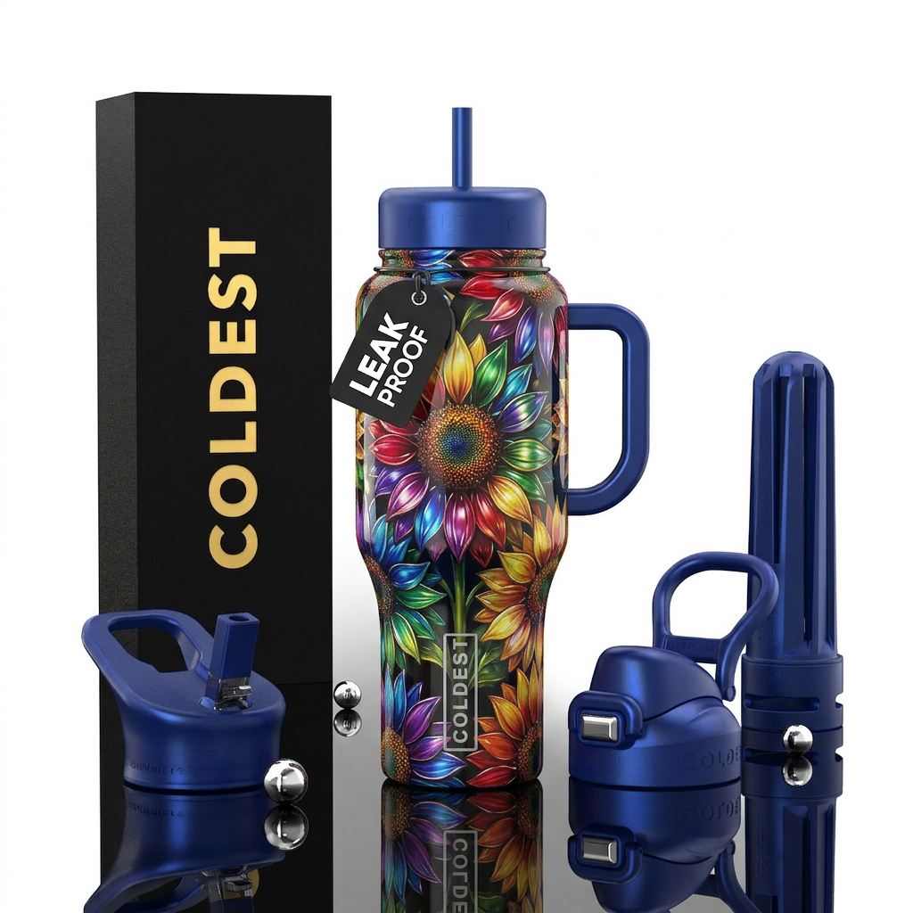 Multi Color sunflowers each petal, glossy, trompe-... water bottle design