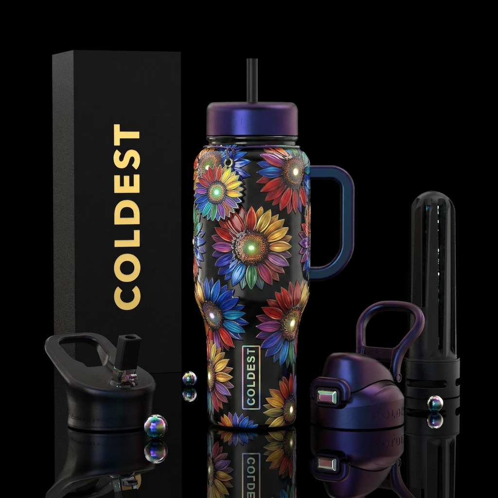 Multi Color sunflowers each petal, glossy, trompe-... water bottle design