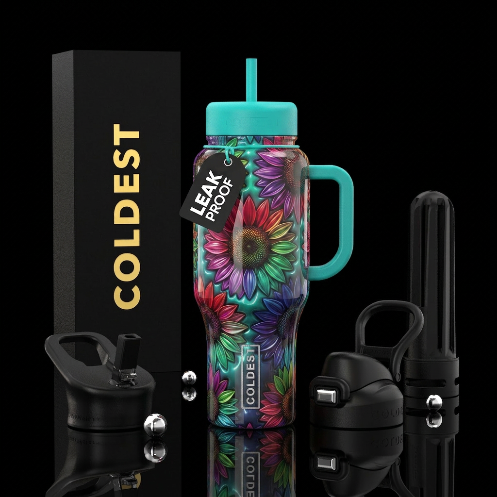 Multi Color sunflowers each petal, glossy, trompe-... water bottle design