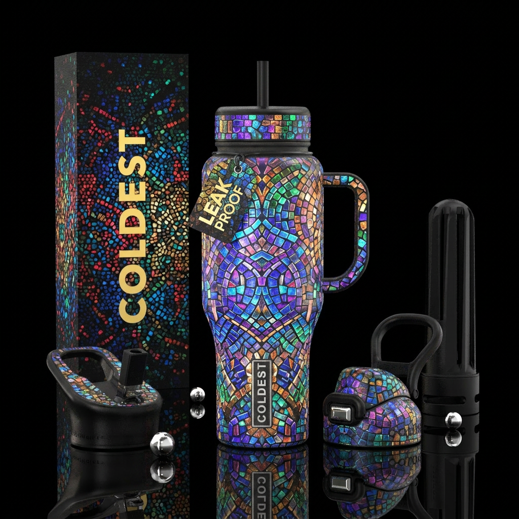 Multi Color mosaic, trompe-l'œil ,glowie water bottle design