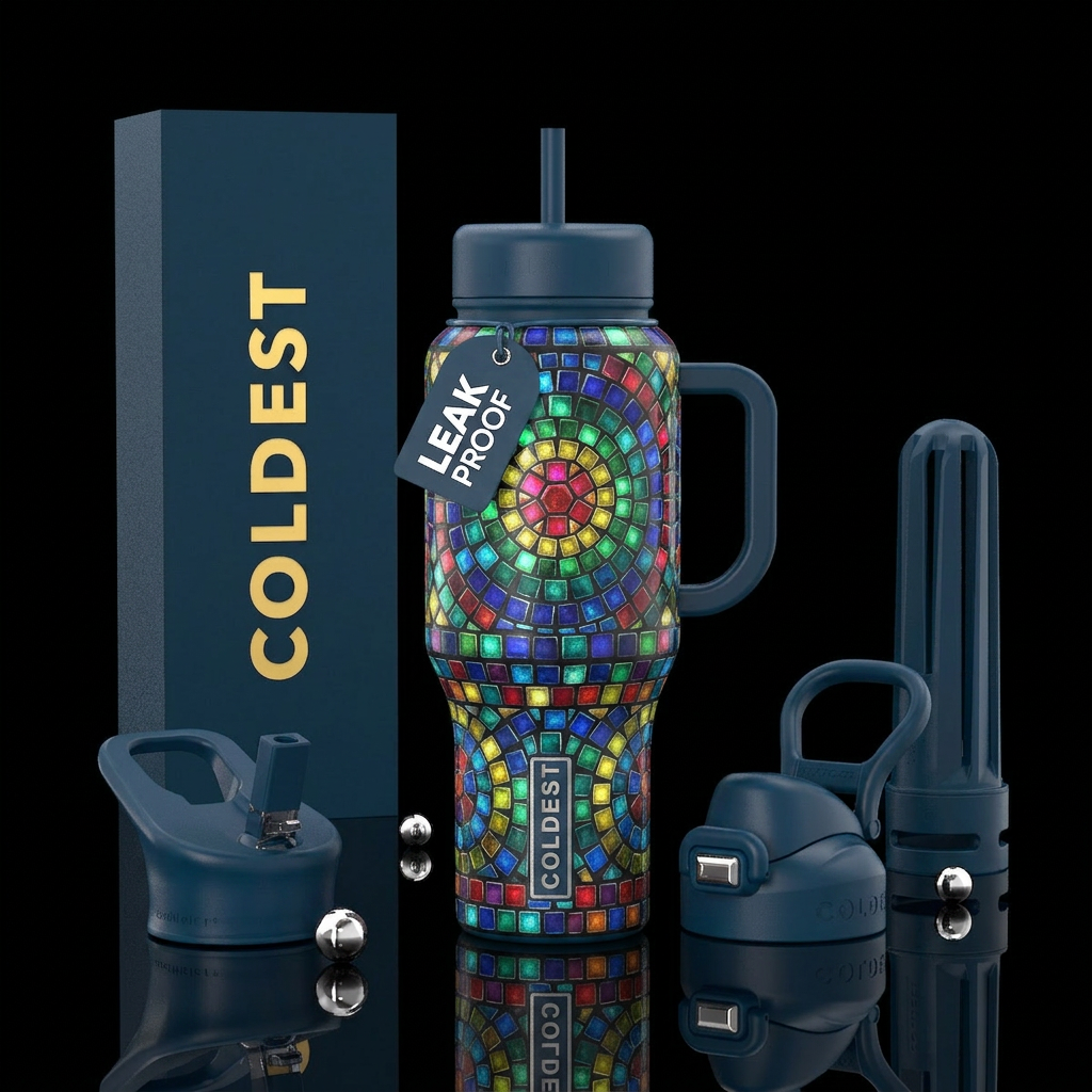 Multi Color mosaic, trompe-l'œil ,glowie water bottle design