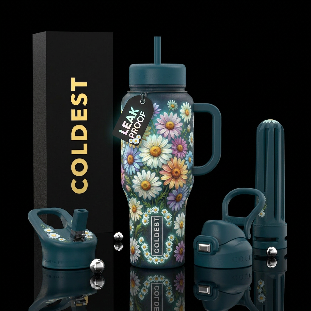 Multi Color dasies, trompe-l'œil ,glowie water bottle design