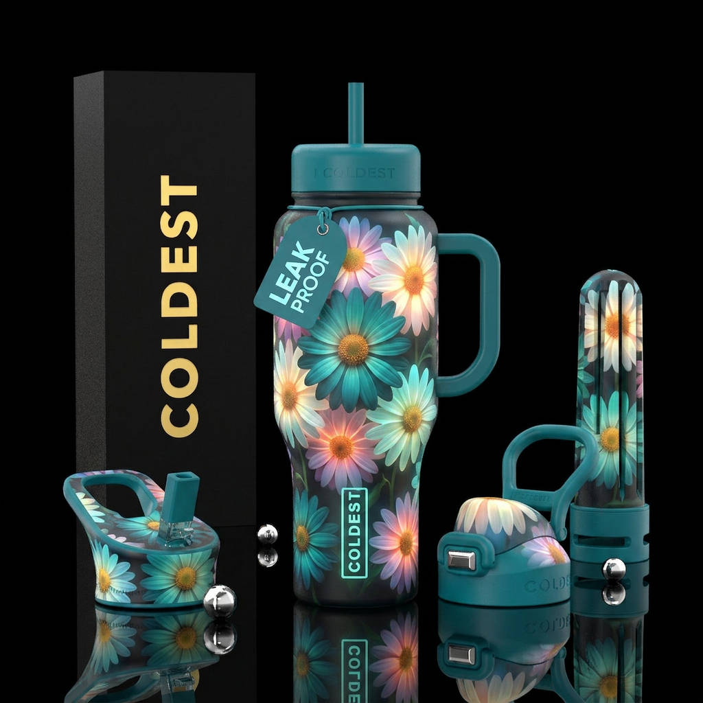 Multi Color dasies, trompe-l'œil ,glowie water bottle design