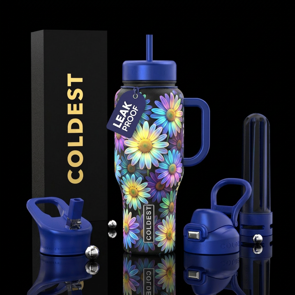 Multi Color shasta dasies each petal, trompe-l'œil... water bottle design