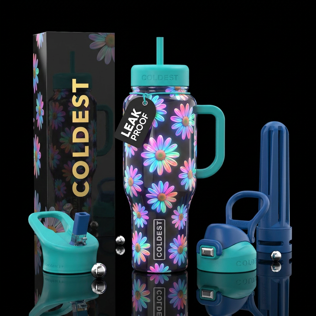 Multi Color crazy dasies each petal,glossy, trompe... water bottle design
