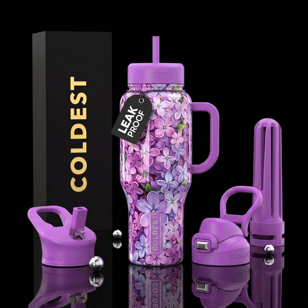Multi Color lilacs,glossy, trompe-l'œil ,glowie water bottle design