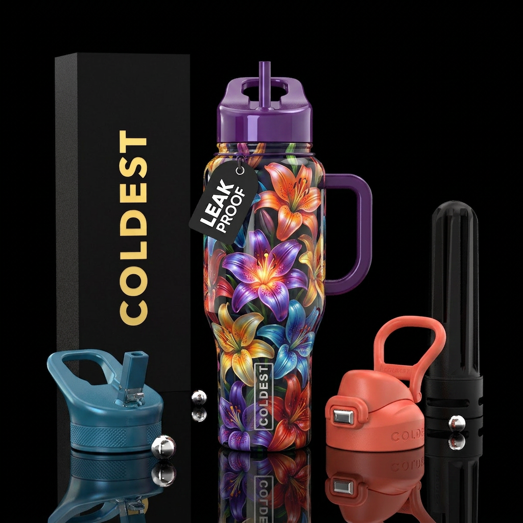 Multi Color lilies,glossy, trompe-l'œil ,glowie water bottle design