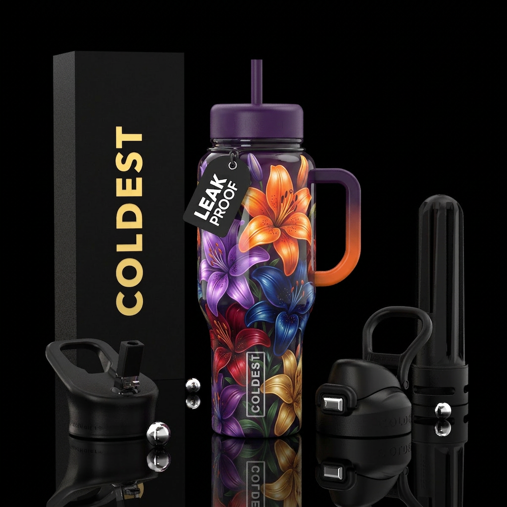 Multi Color lilies,glossy, trompe-l'œil ,glowie water bottle design