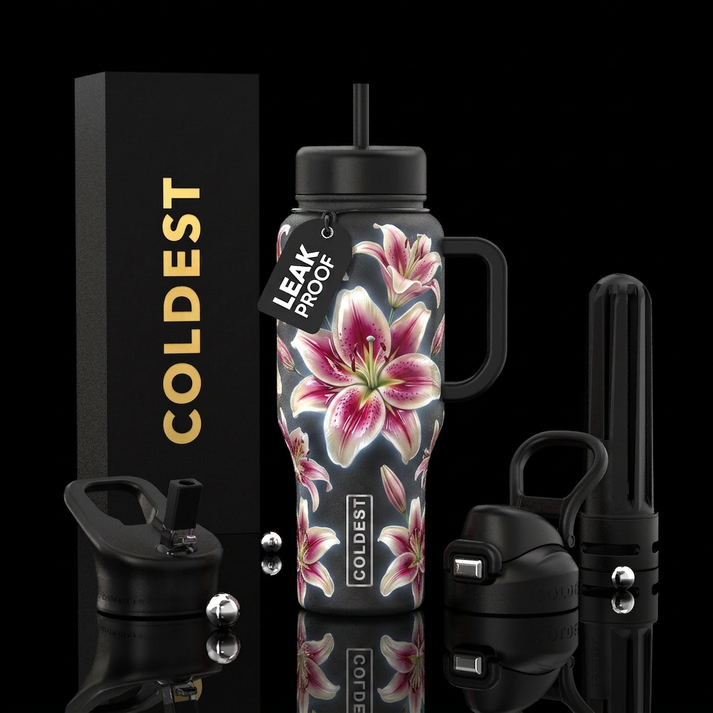 Multi Color stargazer lilies,glossy, trompe-l'œil ... water bottle design