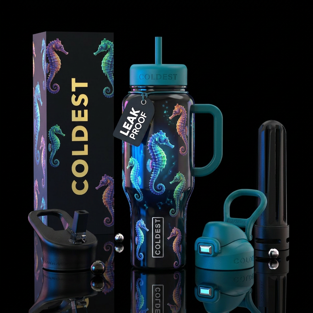 Multi Color seahorses ,glossy, trompe-l'œil ,glowi... water bottle design