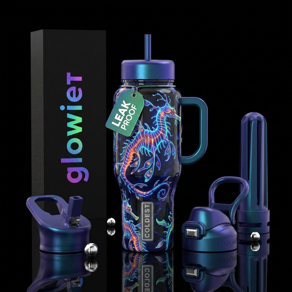 Multi Color seadragons ,glossy, trompe-l'œil ,glow... water bottle design