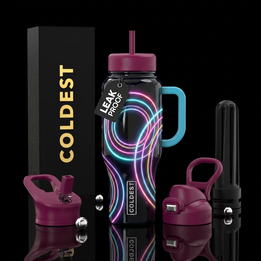 Multi Color halos ,glossy, trompe-l'œil ,glowie water bottle design