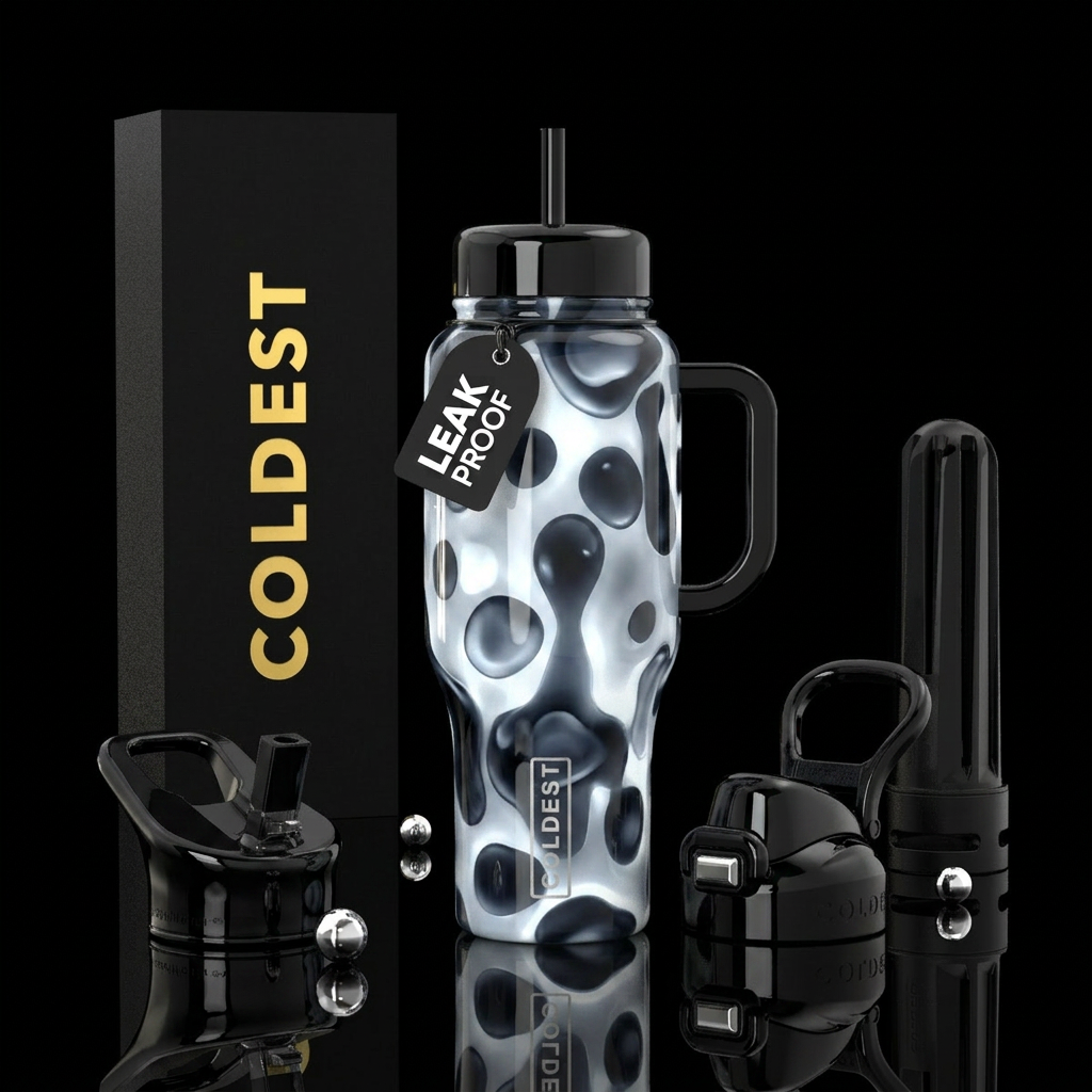 Black and white lava lamp, glossy, glowie, trompe-... water bottle design