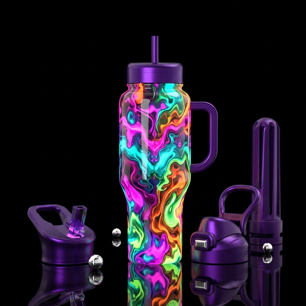 Ink blots test,glossy, trompe-l'œil, glowie water bottle design