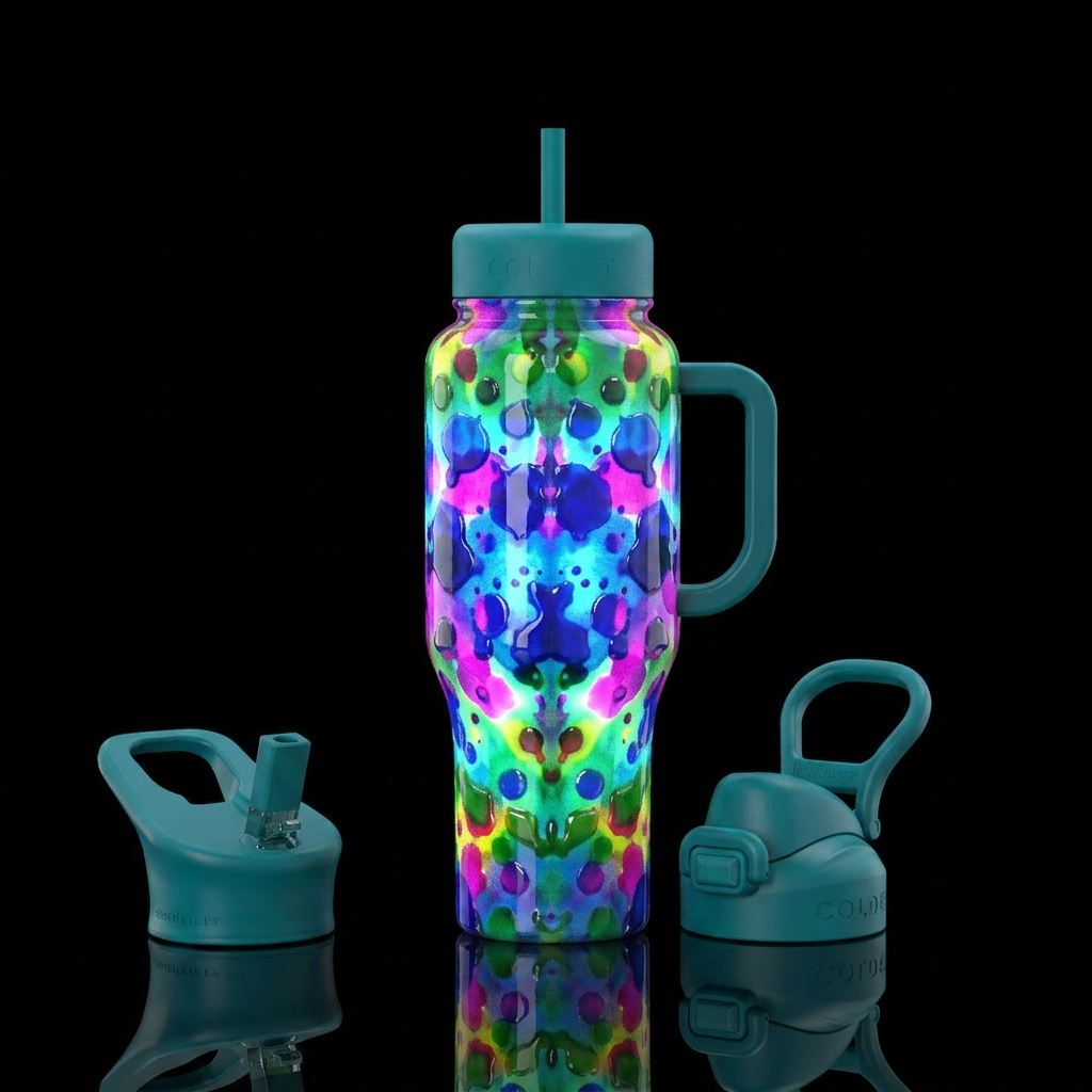 Ink blots test,glossy, trompe-l'œil, glowie water bottle design