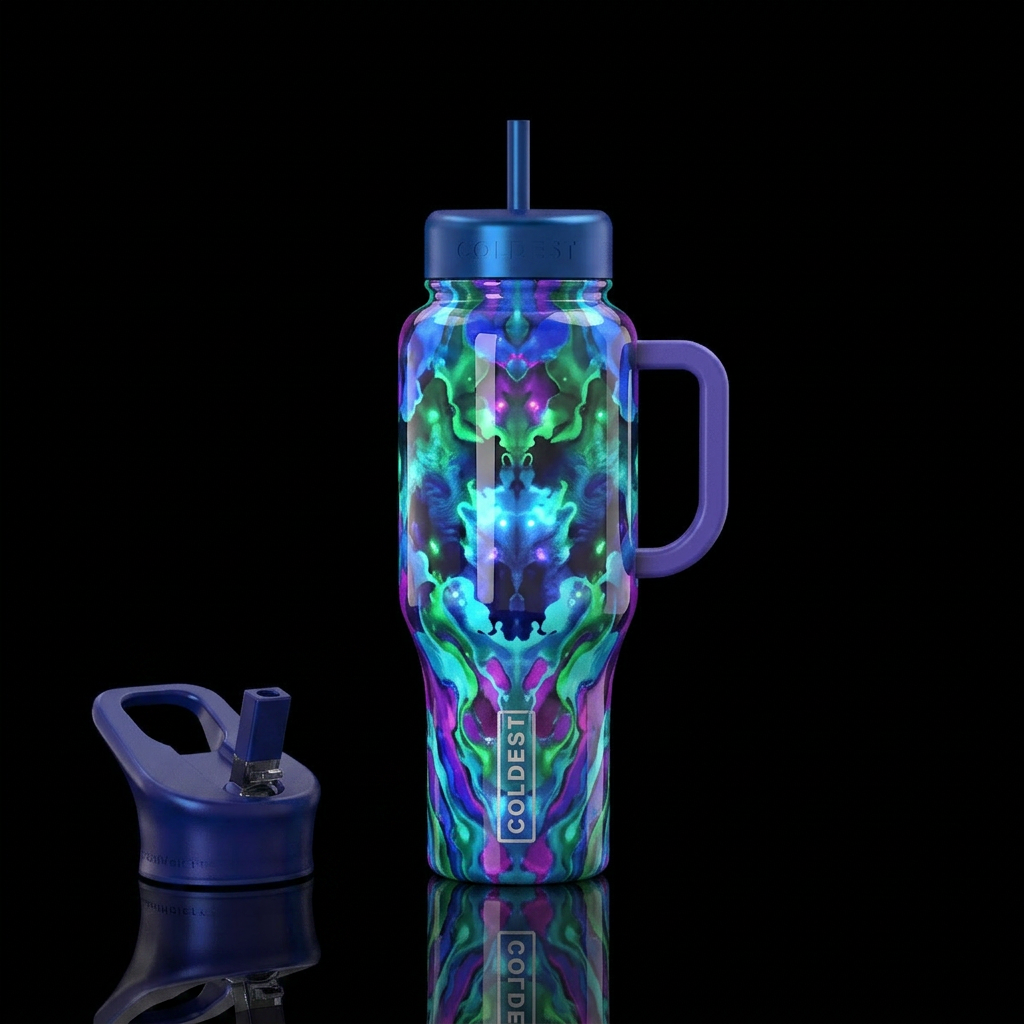 Ink blots test,glossy, trompe-l'œil, glowie water bottle design