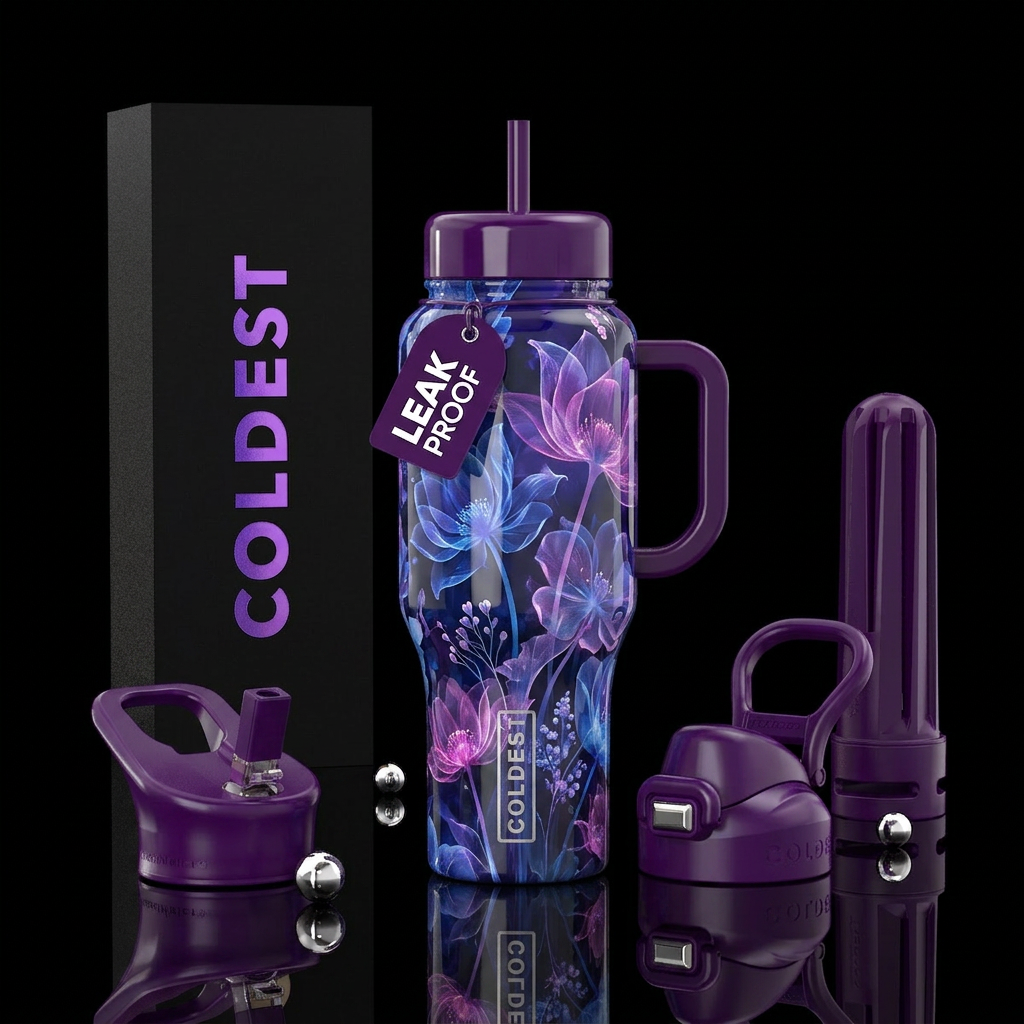 Ghostly flowers, glossy, trompe-l'œil water bottle design