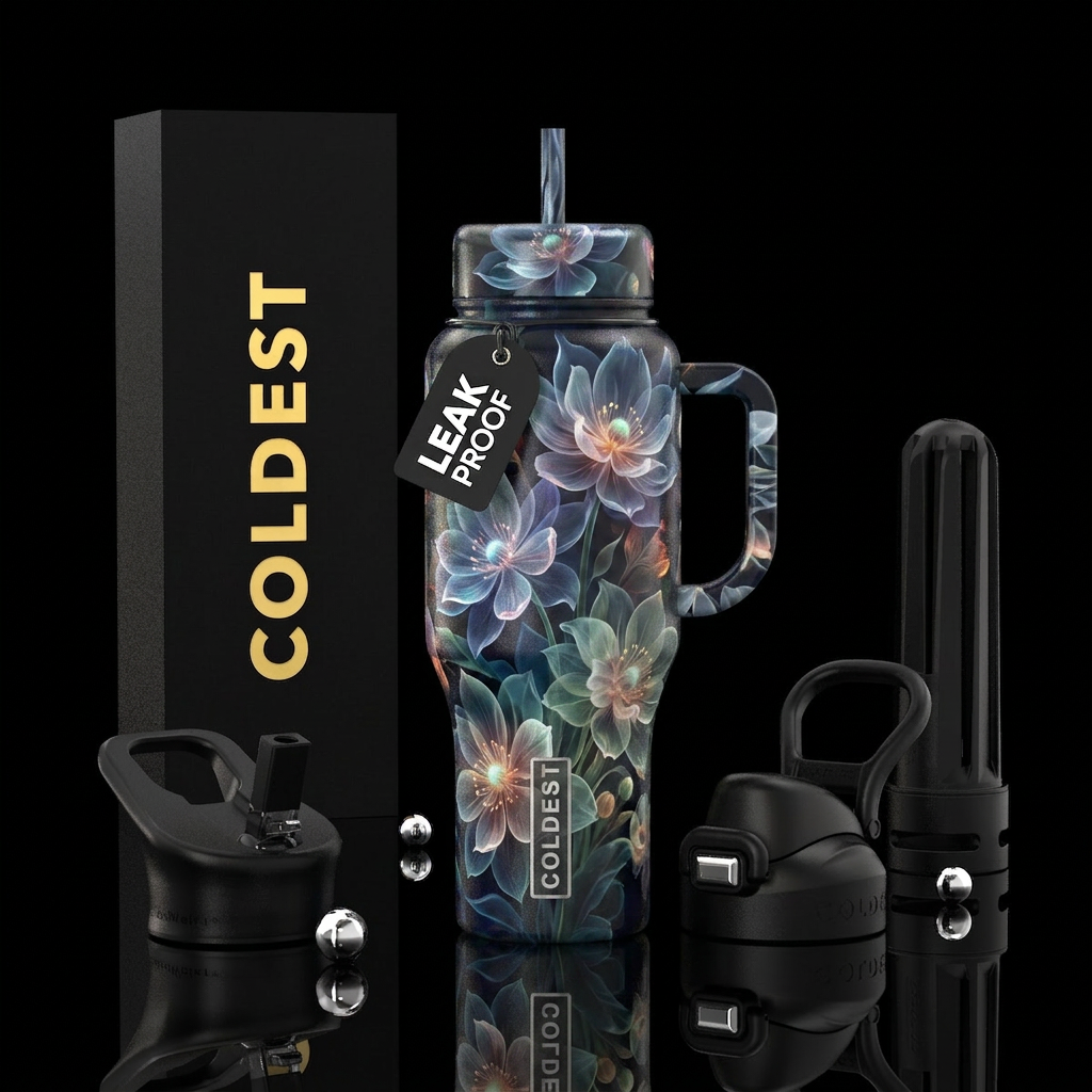 Ghostly flowers, glossy, trompe-l'œil water bottle design