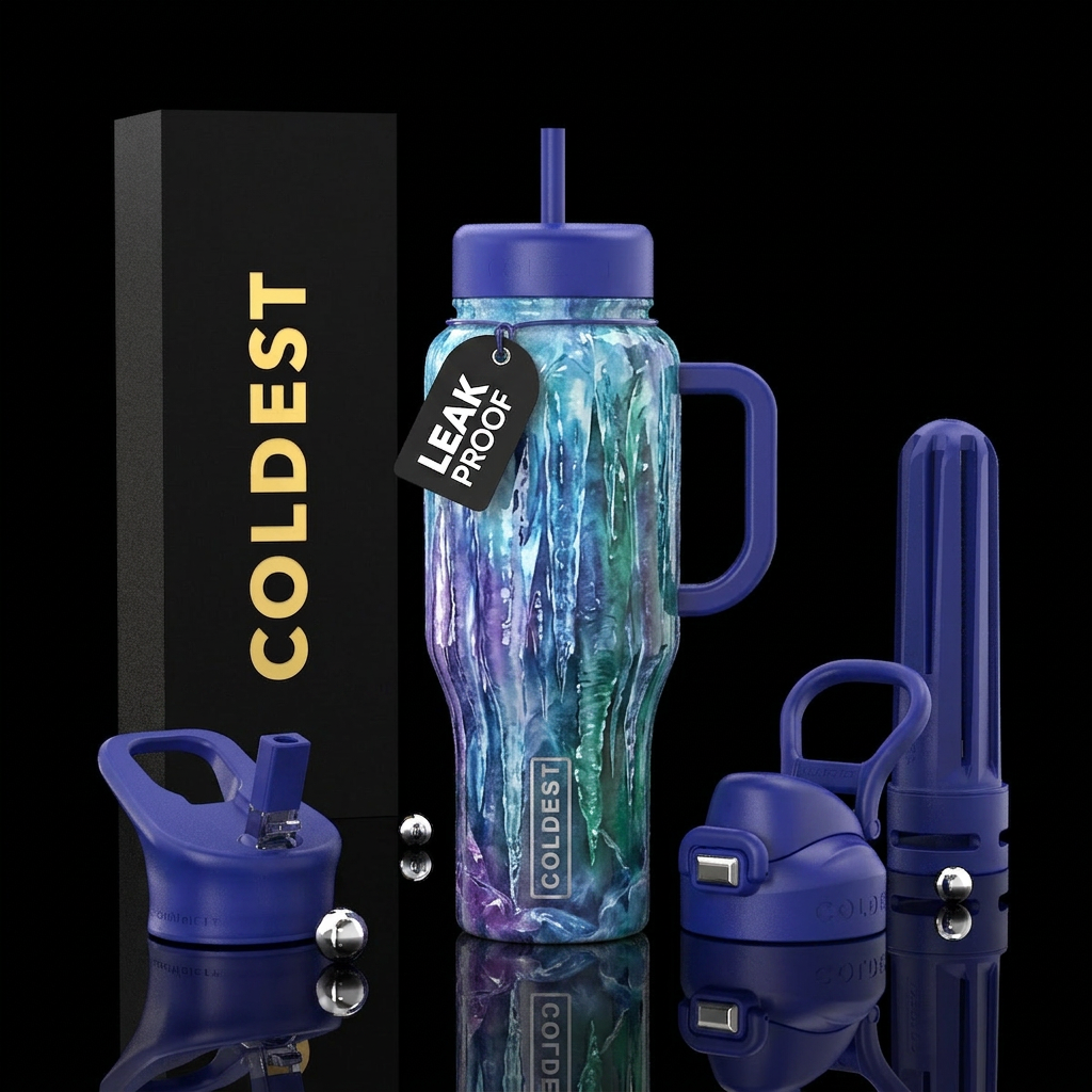 Beautiful ice sickles, glossy, trompe-l'œil water bottle design