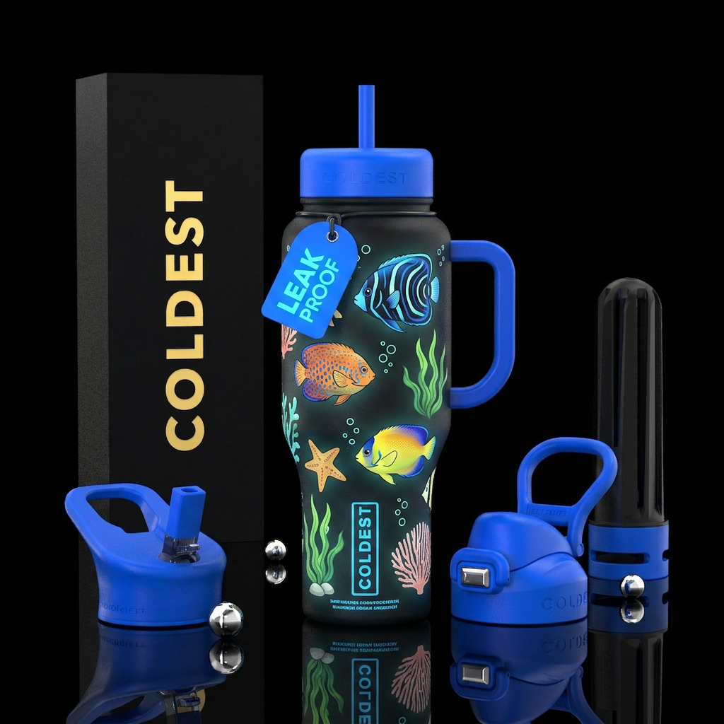 Cartoonish style, a juvenile Koran angelfish, a po... water bottle design