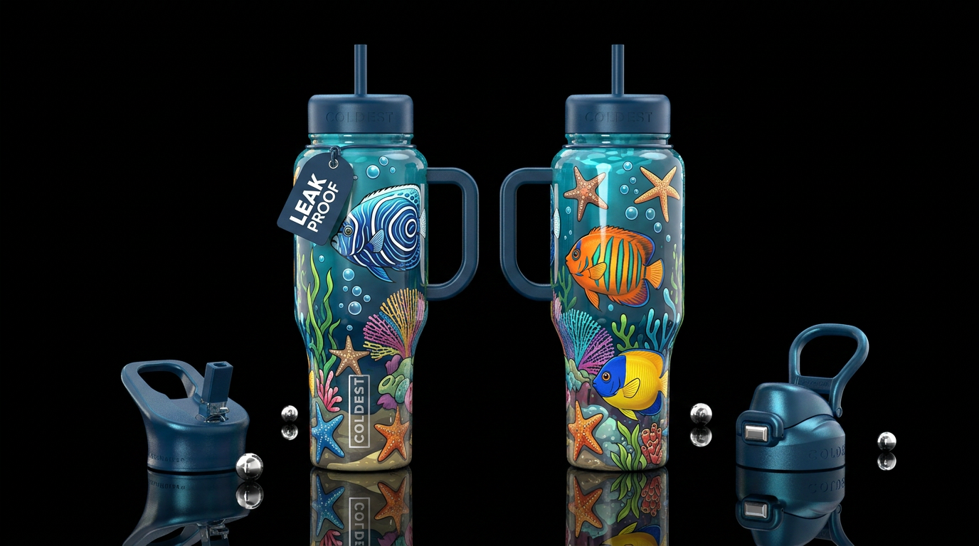 Cartoonish style, a juvenile Koran angelfish, a po... water bottle design