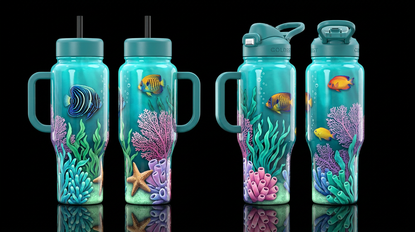 Cottage style, a juvenile Koran angelfish, a potte... water bottle design