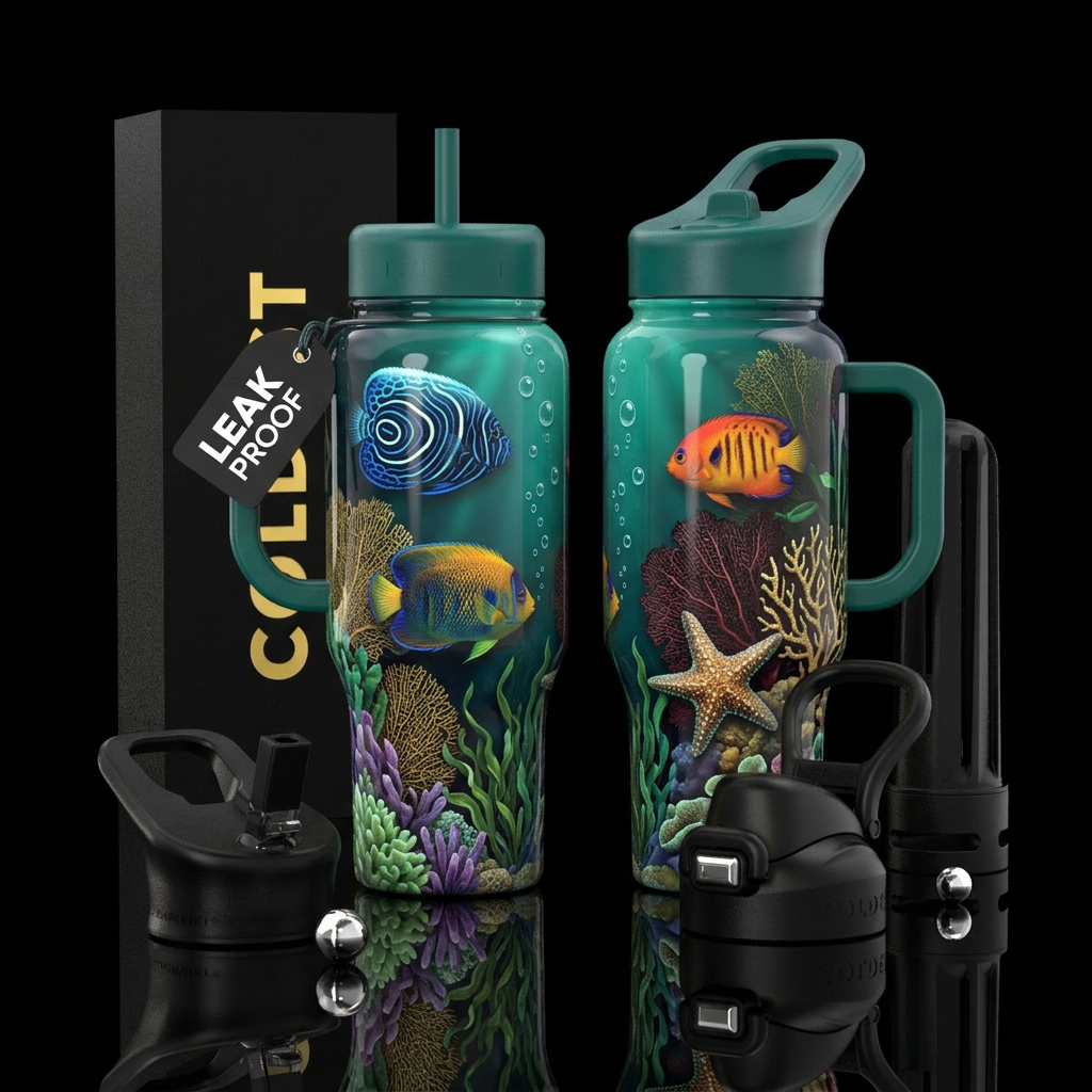 Cottage style, a juvenile Koran angelfish, a potte... water bottle design
