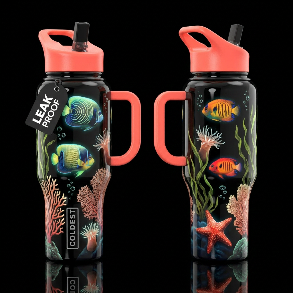 Cottage style, a juvenile Koran angelfish, a potte... water bottle design