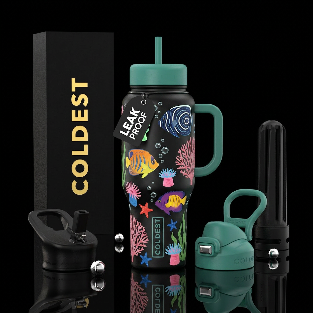 Cartoonish style, a juvenile Koran angelfish, a po... water bottle design