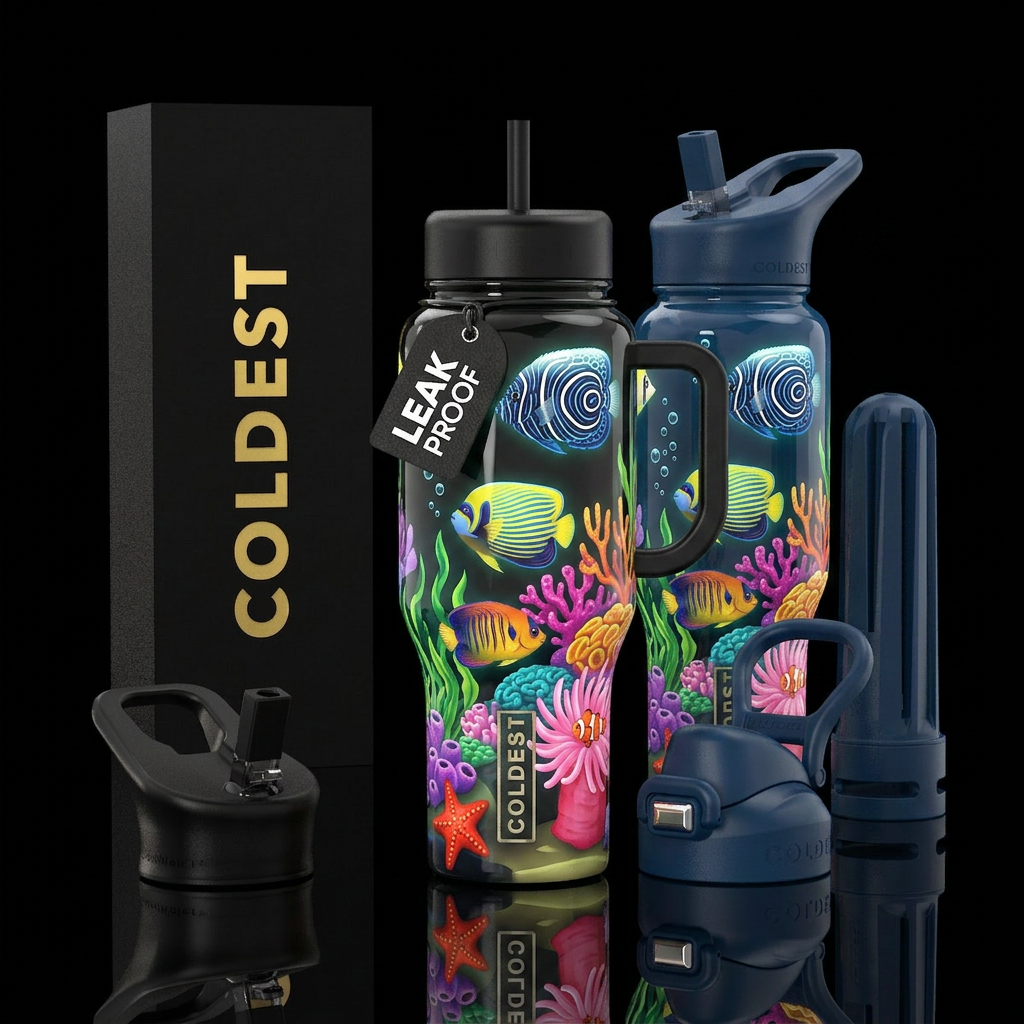 Cartoonish style, a juvenile Koran angelfish, a po... water bottle design