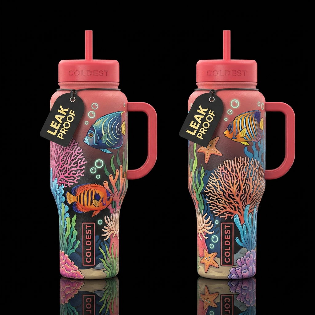 Cartoonish style, a juvenile Koran angelfish, a po... water bottle design