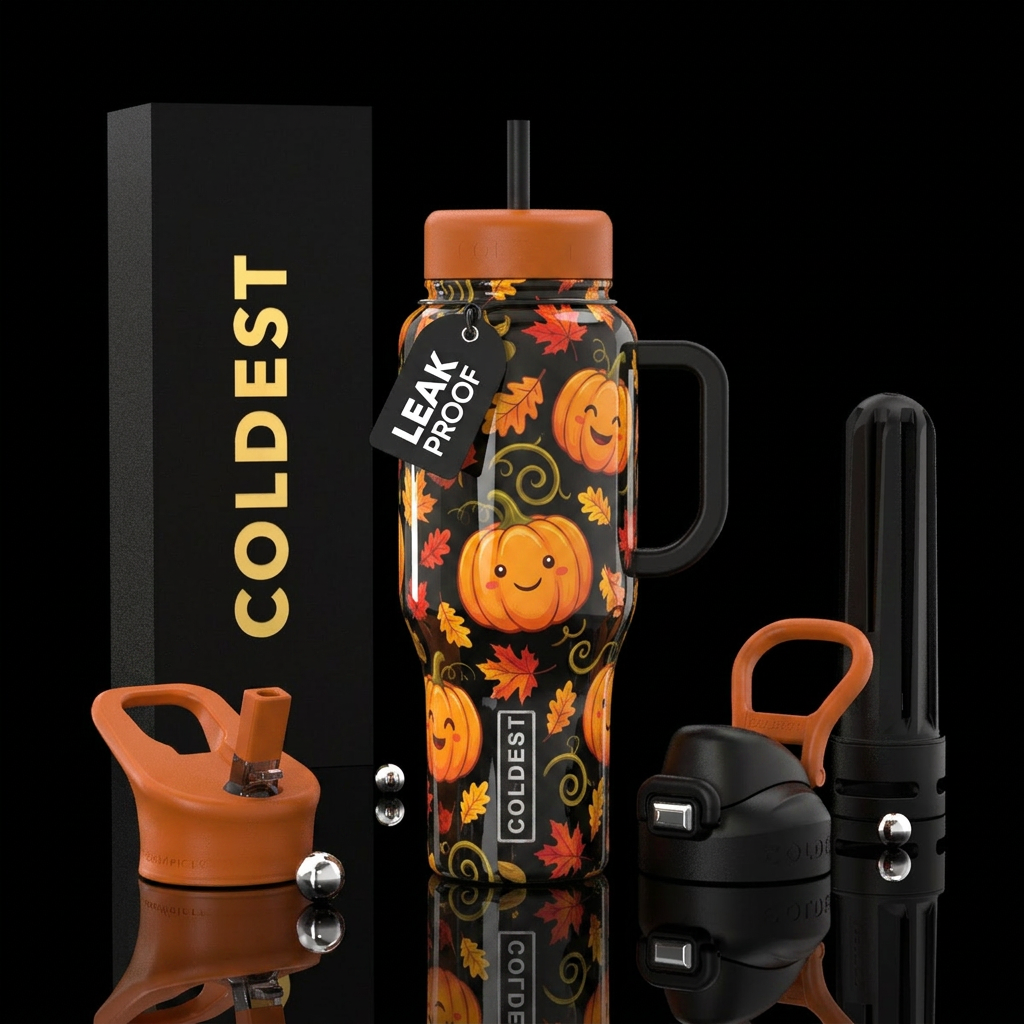 Cartoonish, pumpkins with curly vines, autumn leav... water bottle design