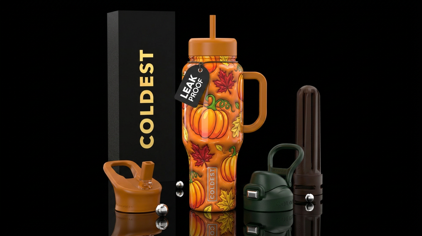 Cartoonish, pumpkins with curly vines, autumn leav... water bottle design