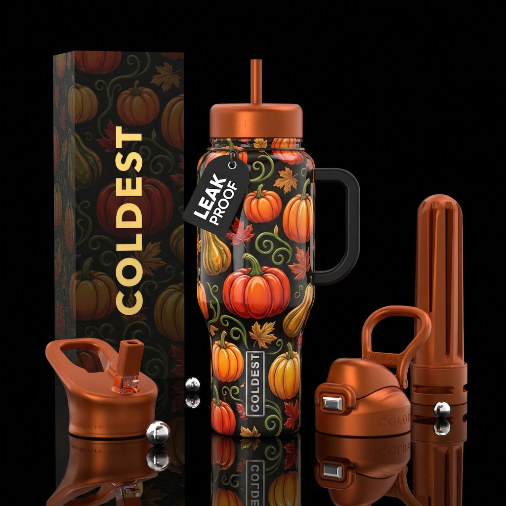 Cartoonish, pumpkins with curly vines, gourds,autu... water bottle design