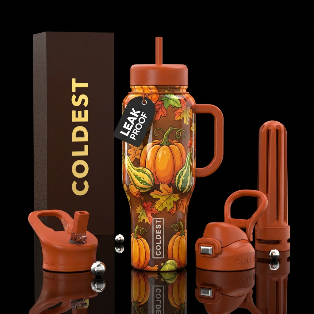 Cartoonish, pumpkins with curly vines, gourds,autu... water bottle design