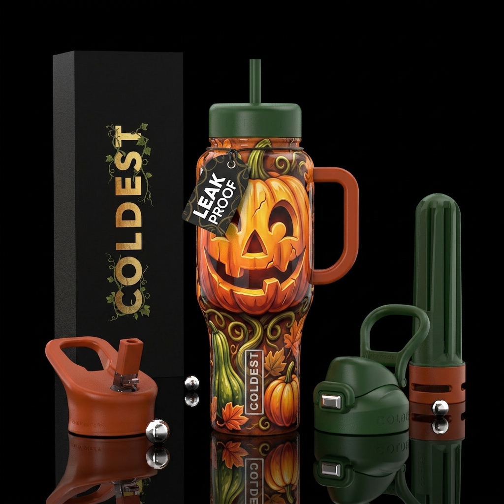 Cartoonish, pumpkins,j a ckolantern, with curly vi... water bottle design