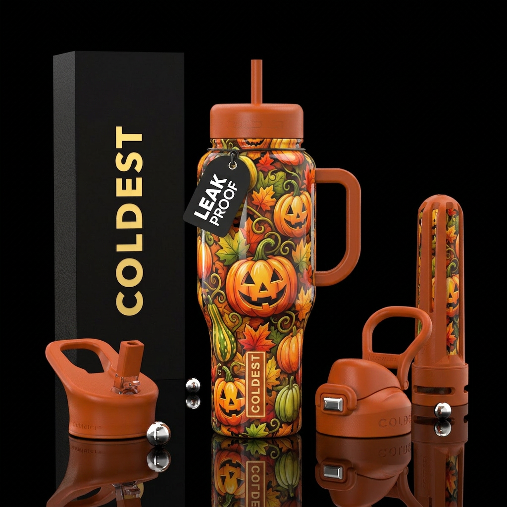 Cartoonish, pumpkins,j a ckolantern, with curly vi... water bottle design