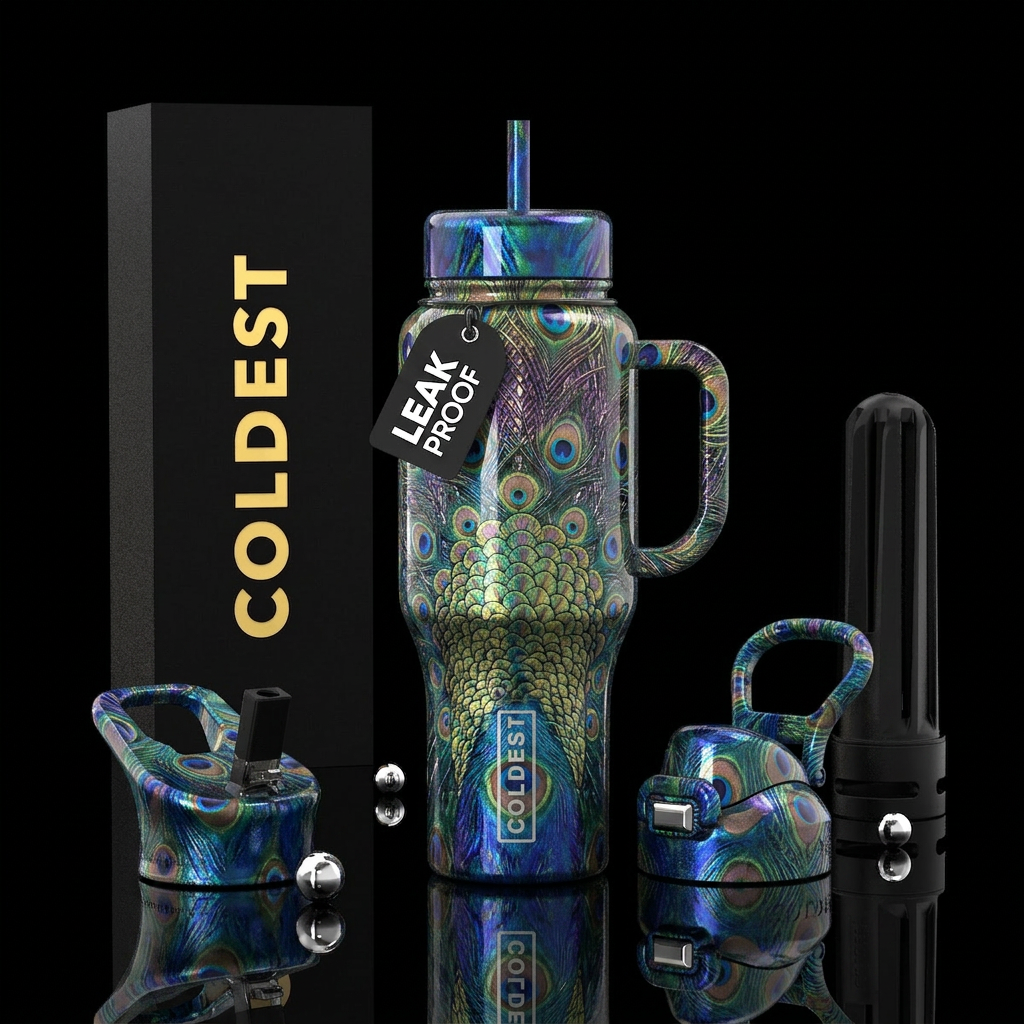 Peacock glaze,glossy,trompe-l'œil water bottle design