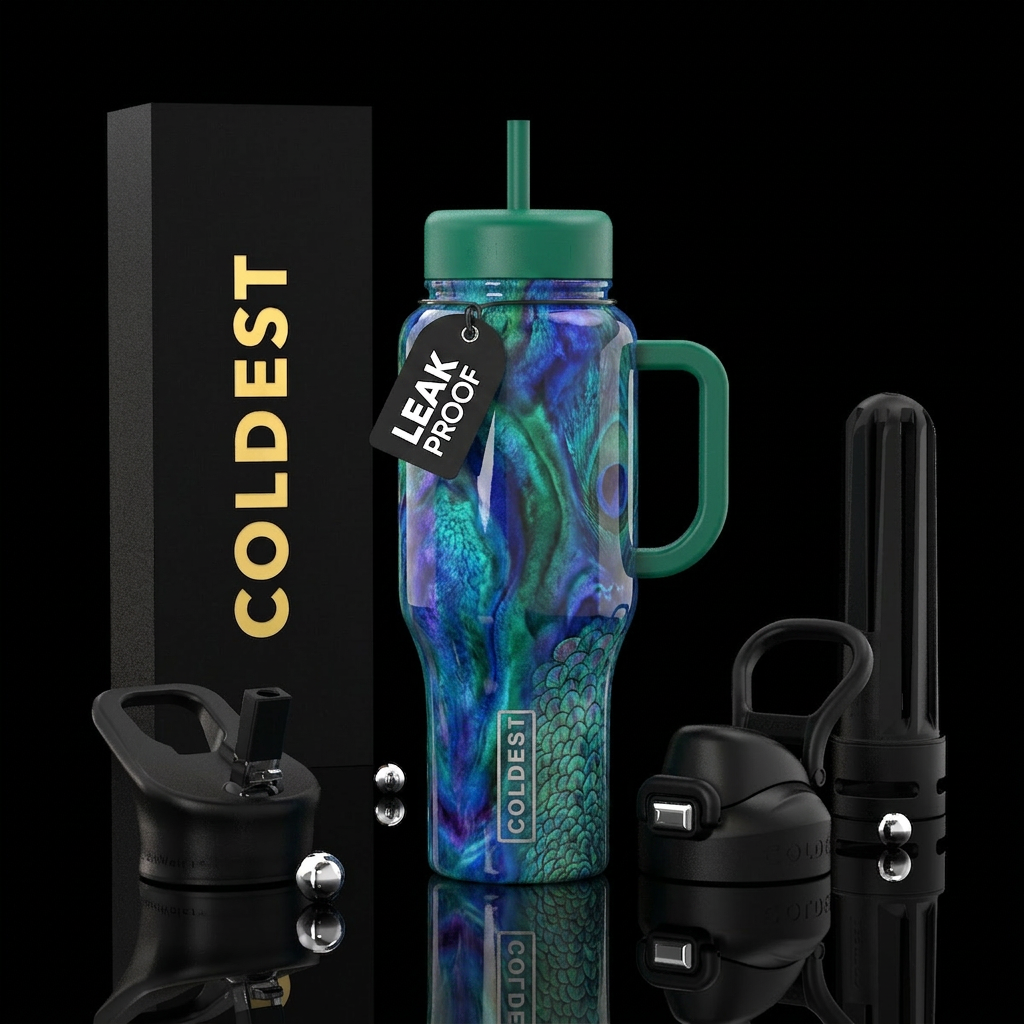 Peacock glaze,glossy,trompe-l'œil water bottle design
