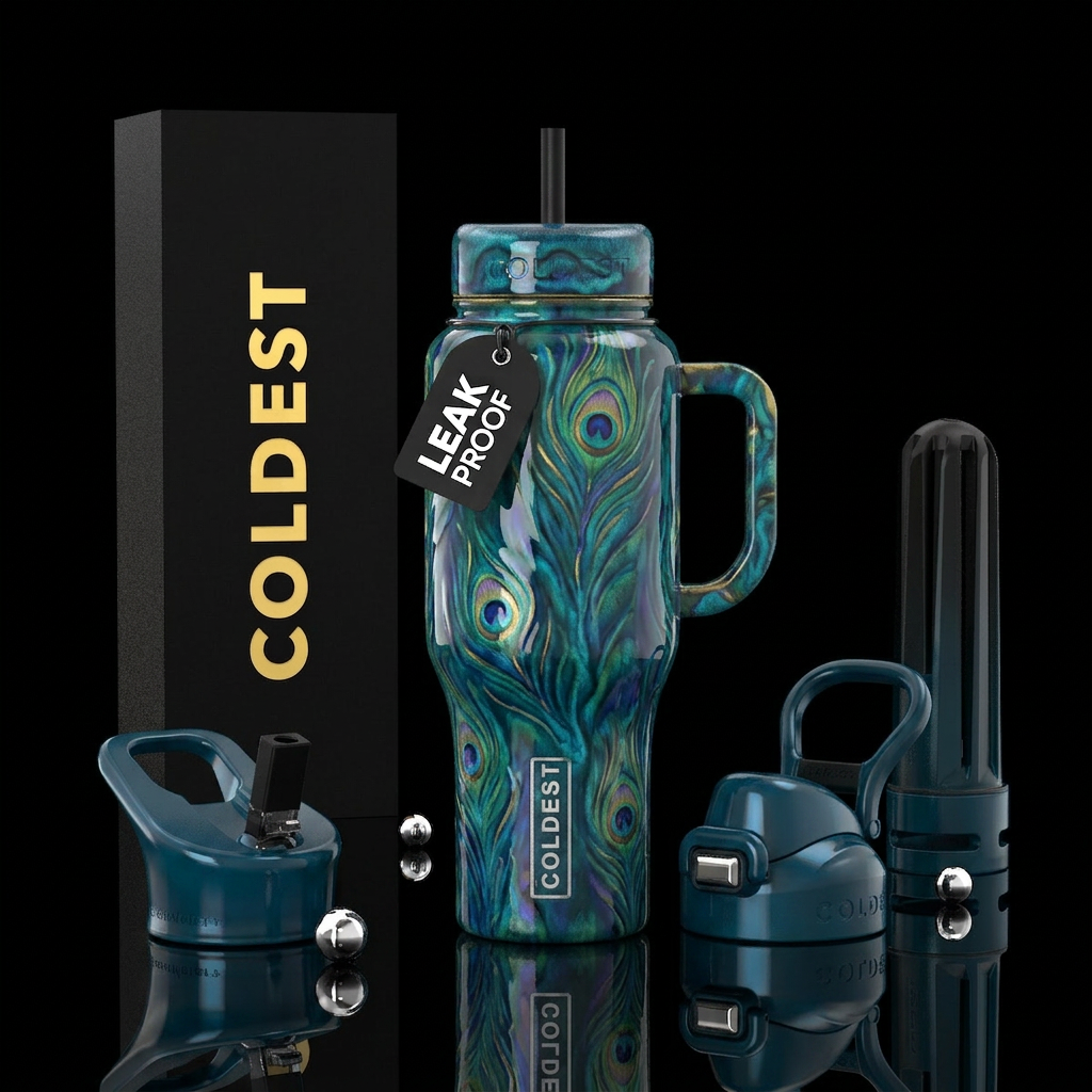 Peacock glaze,glossy,trompe-l'œil water bottle design
